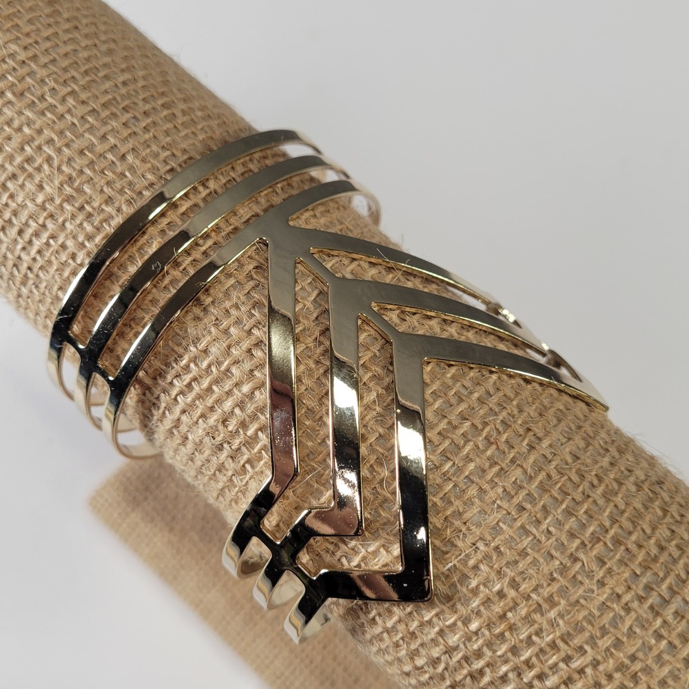 Gold Tone Geometric Cuff Bracelet Wide Open‎ Chevron Bangle Modern Statement